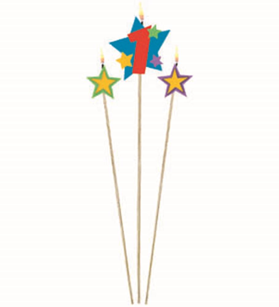 Decorative pick with red number 1 and colorful star shapes on sticks with lit flames.
