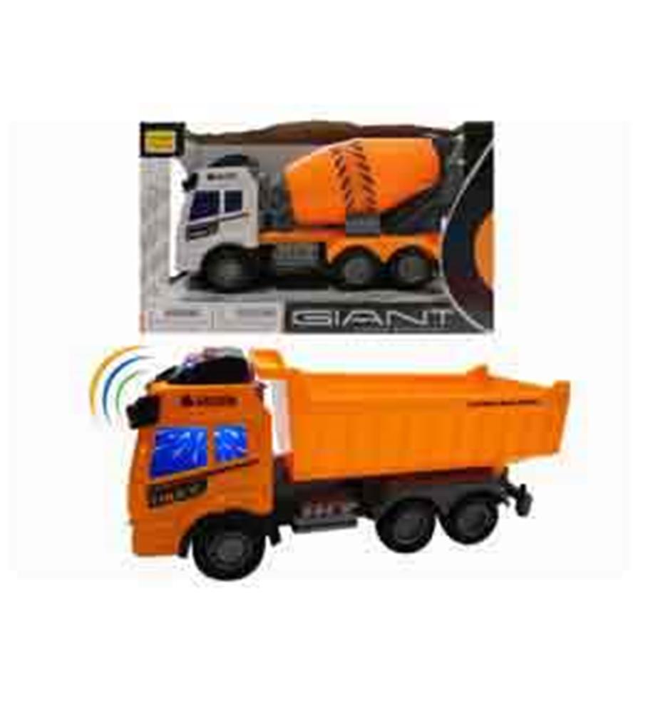 Orange toy dump truck with six black wheels and blue window decals, black rear dump bed and detailed cab design.