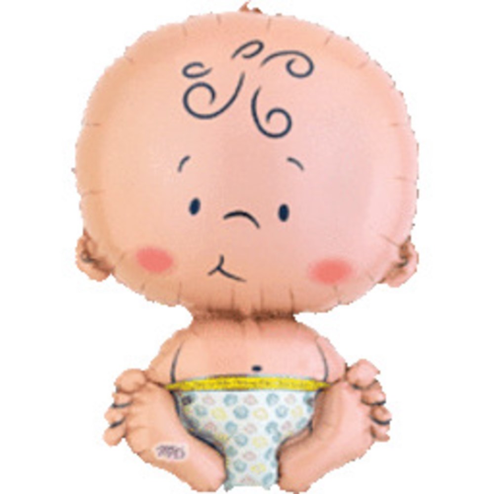 24-inch foil balloon shaped like a baby with a round pink head, curly hair, blushing cheeks, and wearing a blue patterned.
