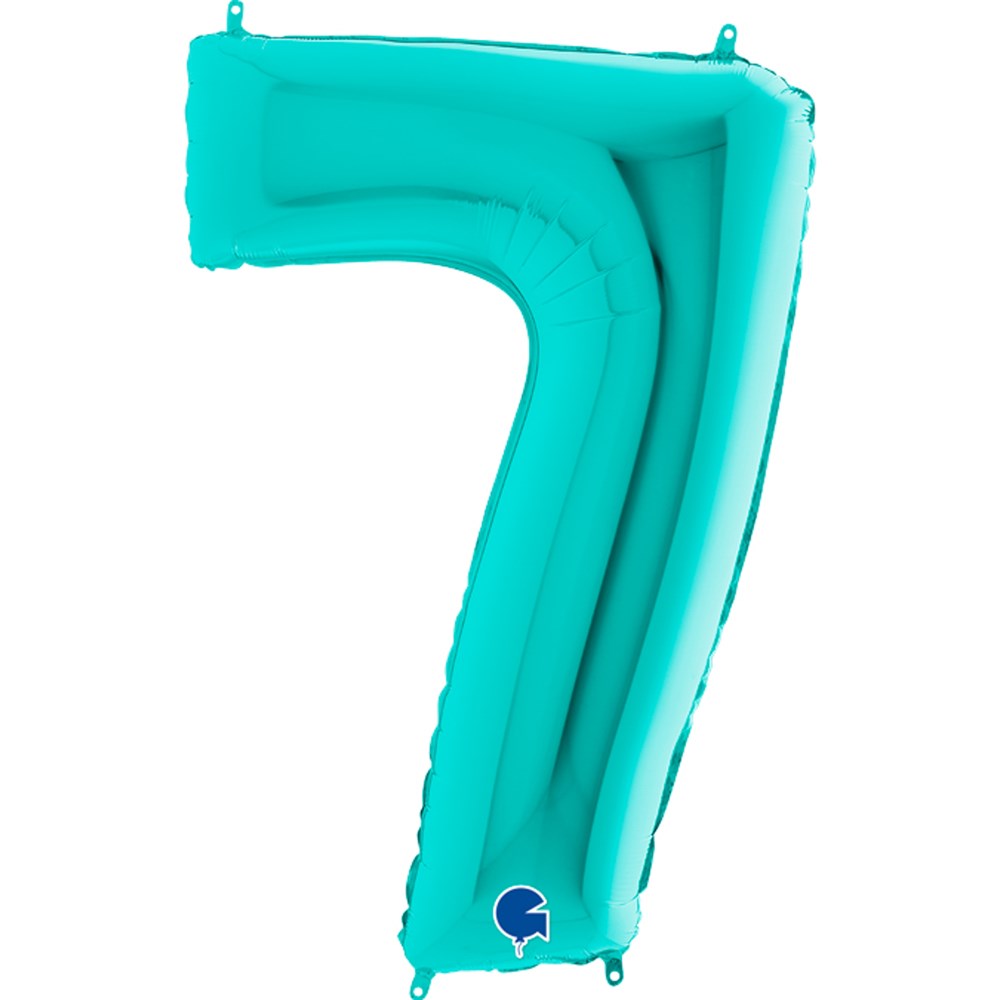 Tiffany blue jumbo foil balloon shaped as number 7 with shiny metallic finish.