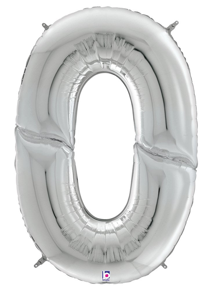 53-inch silver foil balloon shaped like the number zero with a shiny metallic finish.