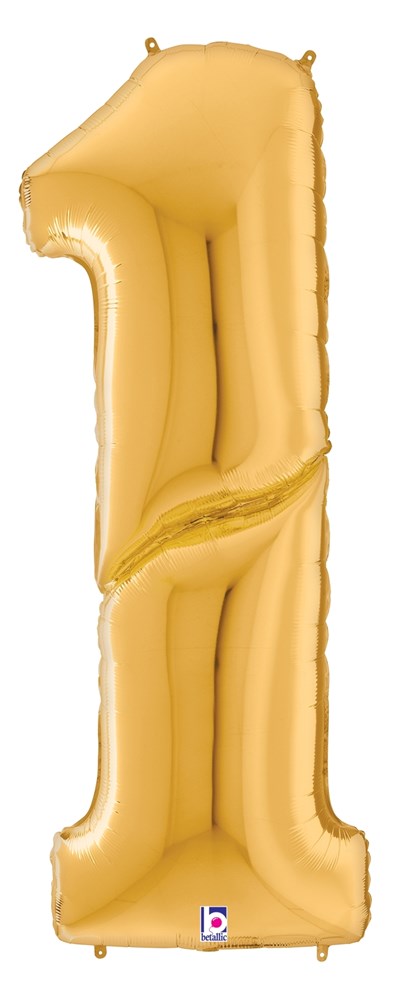 Gold foil balloon shaped as the number 1, 53 inches tall, shiny metallic finish.