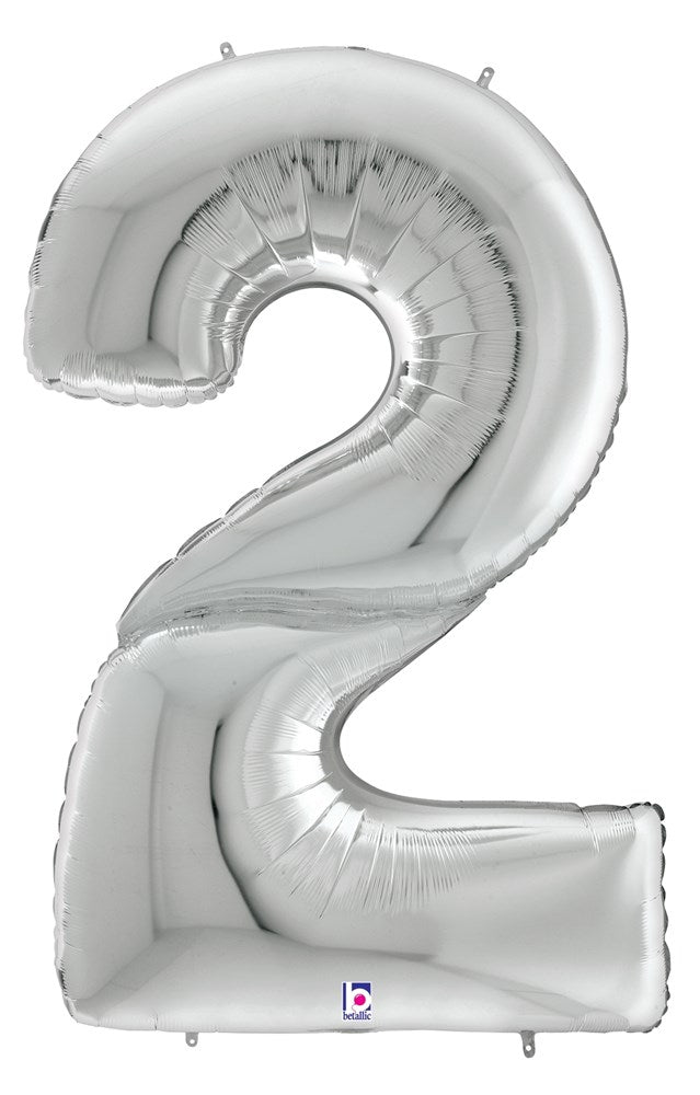 53-inch silver foil balloon shaped like the number 2 with a shiny metallic finish.