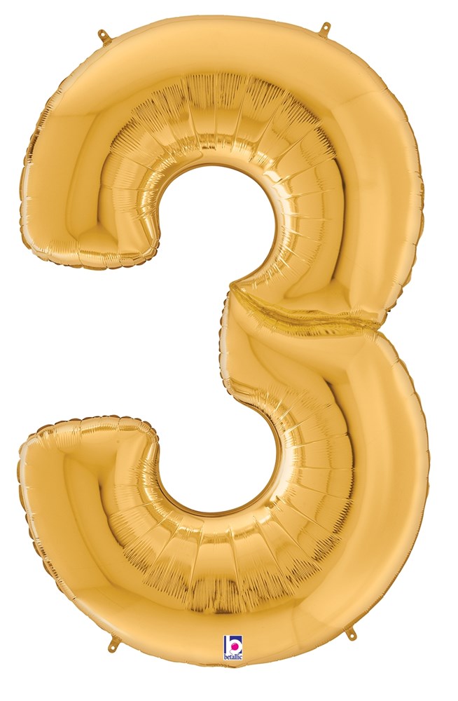 Large gold foil balloon shaped like the number 3 with a shiny metallic finish.