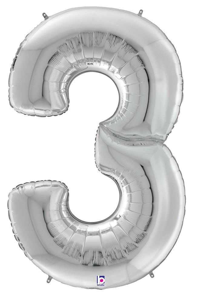 Silver metallic foil balloon shaped like the number 3, 53 inches tall.