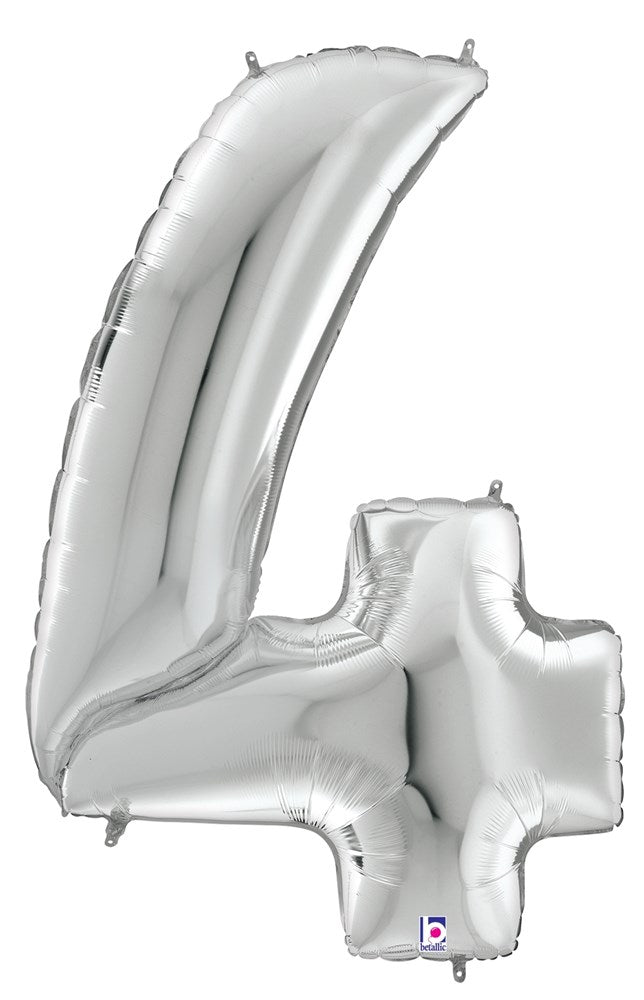 Silver foil balloon shaped as the number 4, 53 inches tall with a shiny metallic finish.