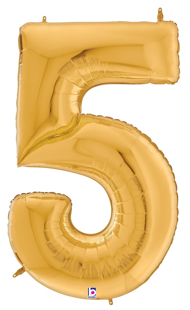 53-inch gold foil balloon shaped as the number 5 with a shiny metallic finish.