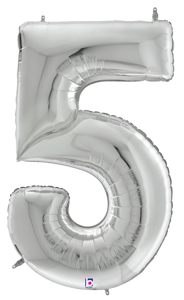 Silver foil balloon shaped as the number 5, shiny metallic finish, 53 inches tall.