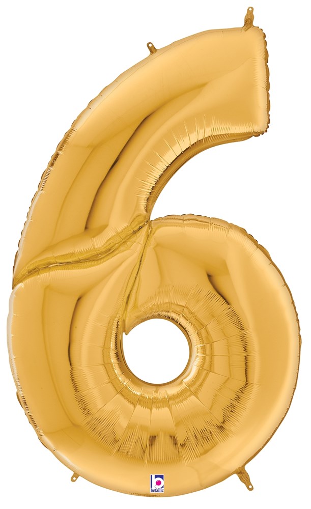 53-inch gold metallic foil balloon shaped as the number 6 with shiny surface.