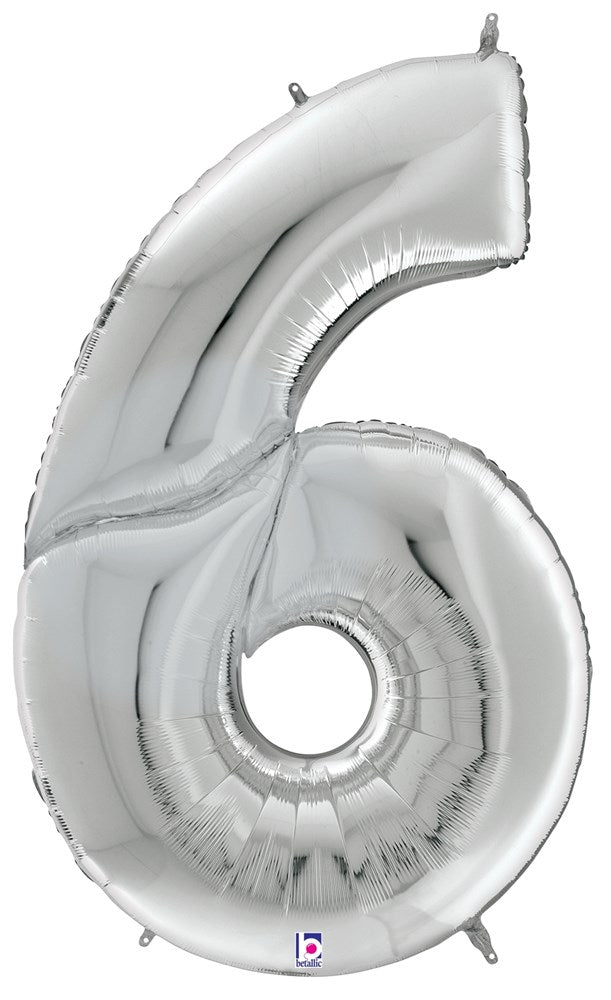 Silver foil balloon shaped as the number 6, 53 inches tall with glossy metallic finish.