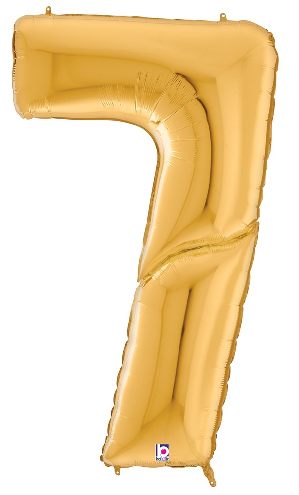 Gold metallic foil balloon shaped like the number 7, approximately 53 inches tall.