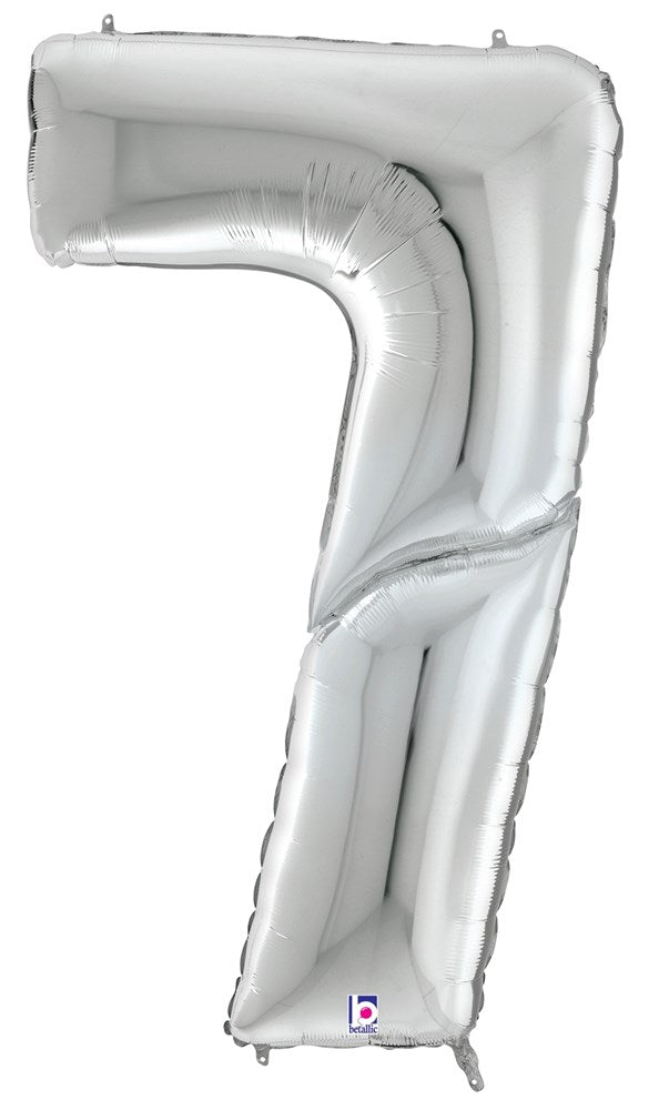 Silver metallic foil balloon shaped like the number 7, 53 inches tall.