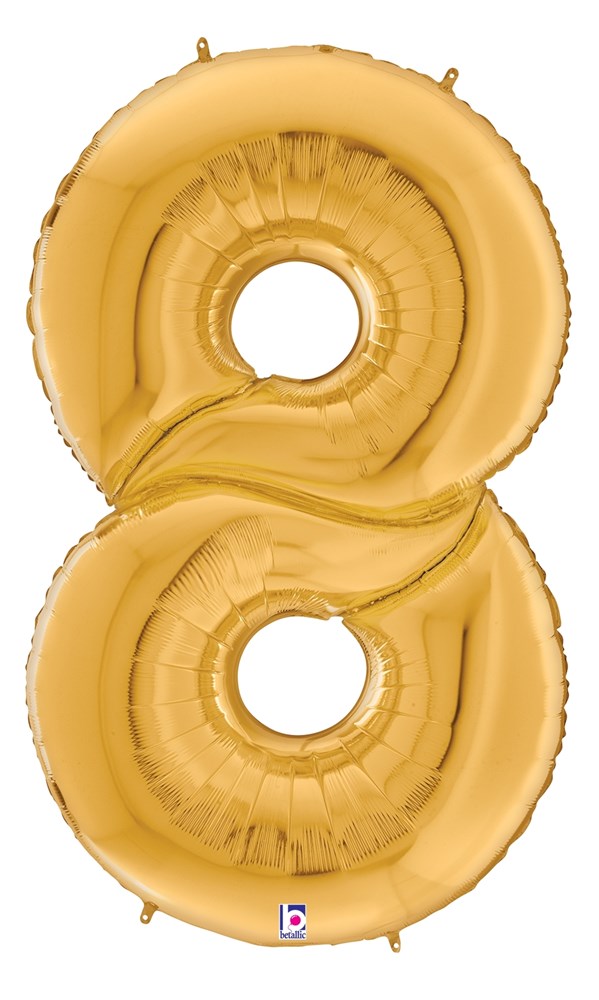 Gold foil balloon shaped as the number 8, shiny metallic finish, 53 inches tall.