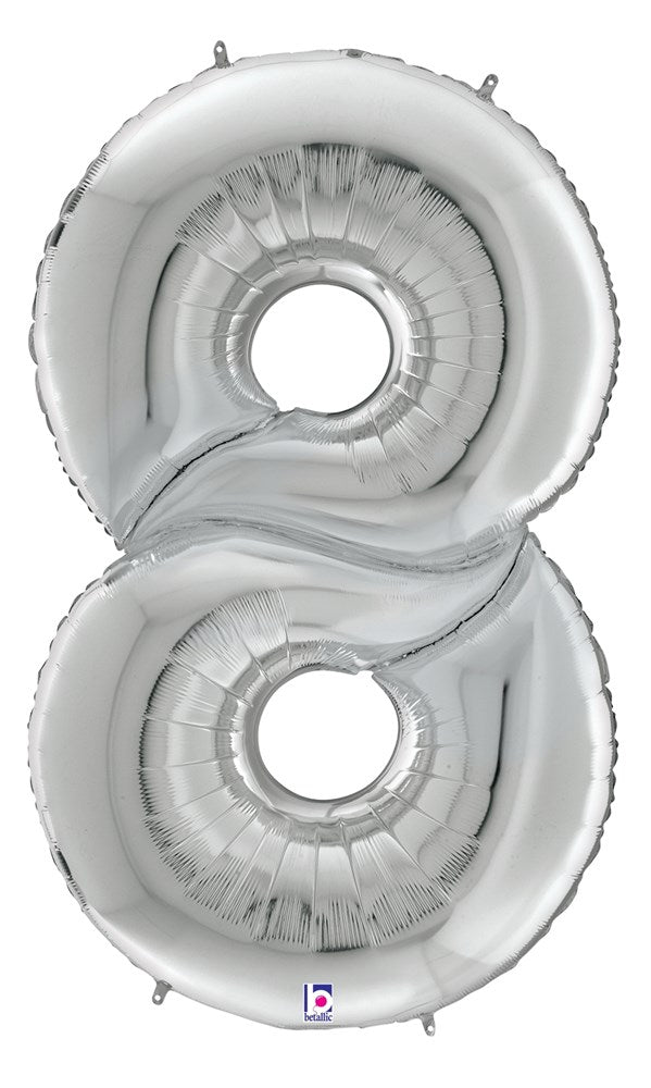 Large silver foil balloon shaped as the number 8, shiny metallic finish, 53 inches tall.