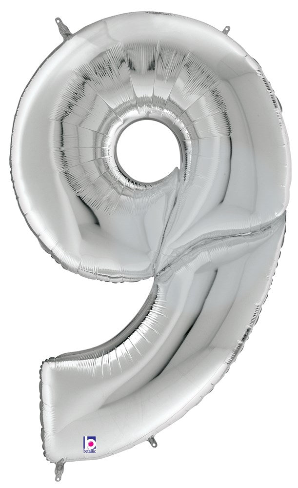 Silver foil balloon shaped like the number 9, 53 inches tall, shiny metallic finish.