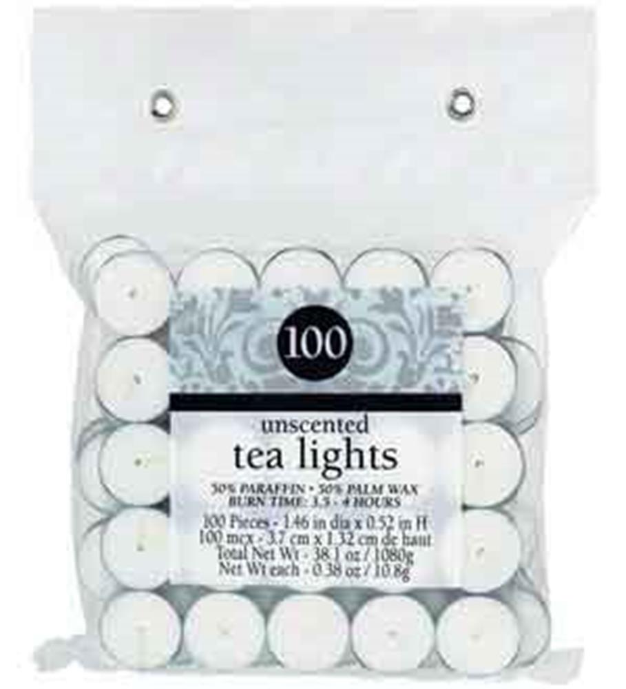 Pack of 100 white unscented tealight candles in clear plastic tray with decorative label.