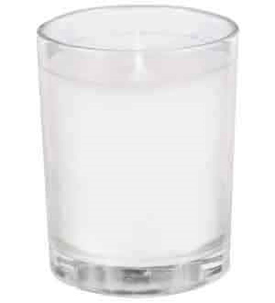 Set of 12 white votive candles in clear glass holders, simple and unadorned design.