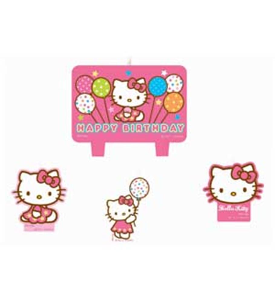Four Hello Kitty-themed birthday candles with Hello Kitty characters and colorful balloons on a pink background.