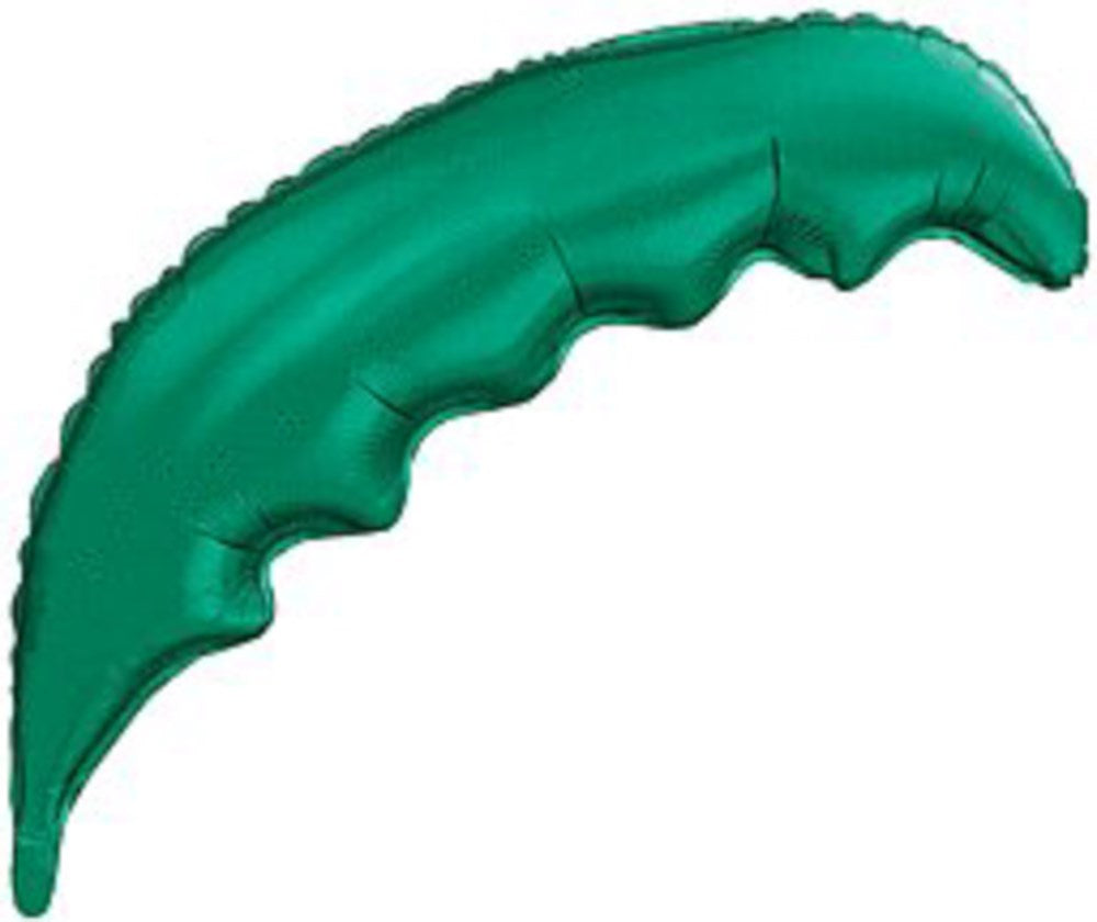Green foil balloon shaped like a curved palm frond with scalloped edges, 36 inches long.