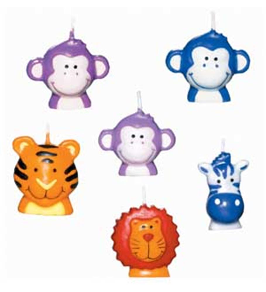 Colorful jungle animal candles shaped like a purple and blue monkey, orange tiger, purple monkey, red lion, and blue zebra.