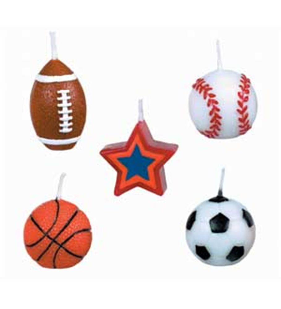 Set of five mini molded candles shaped like a football, baseball, basketball, soccer ball, and red, blue star.
