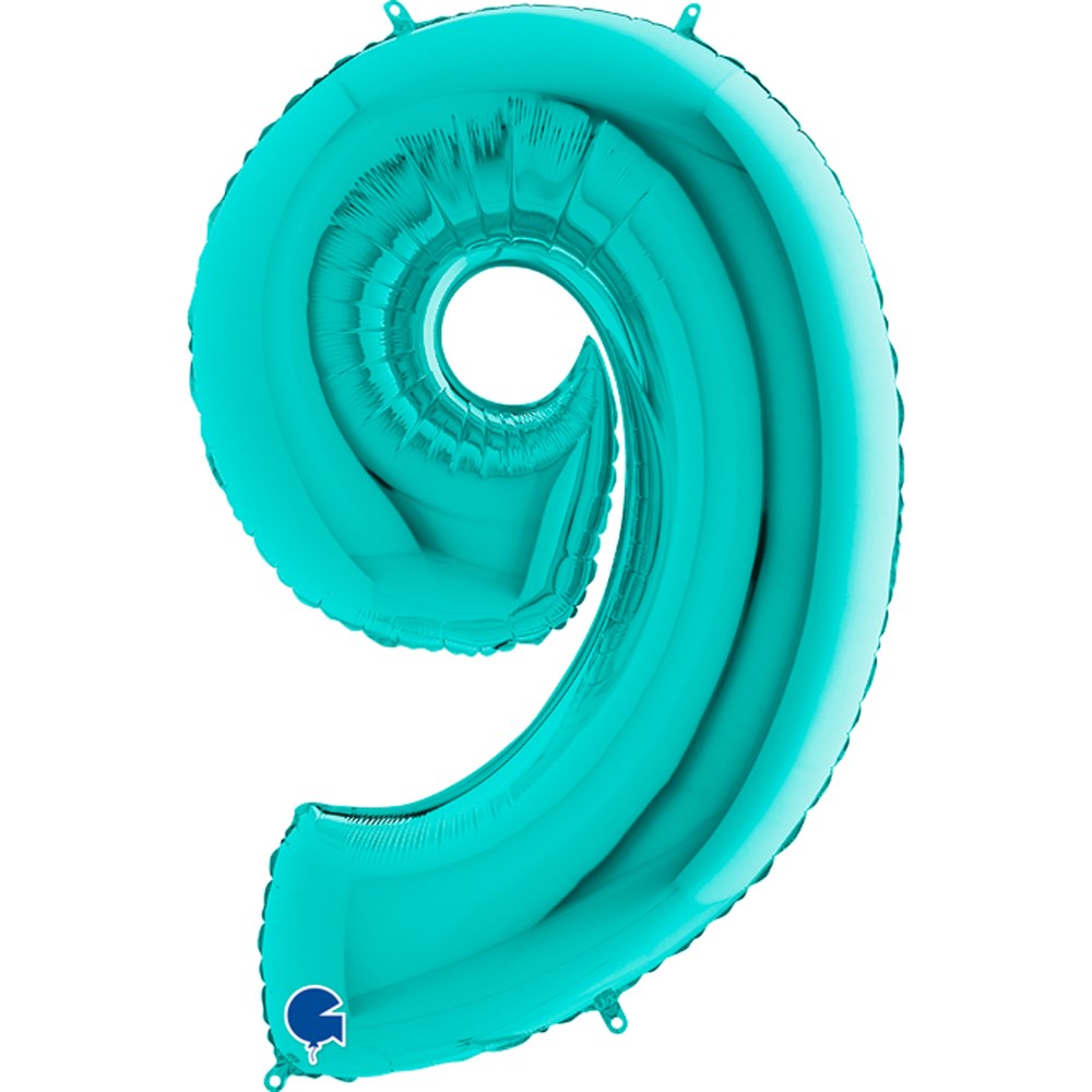 Tiffany blue foil balloon shaped as number 9, 40-inch jumbo size, shiny finish.