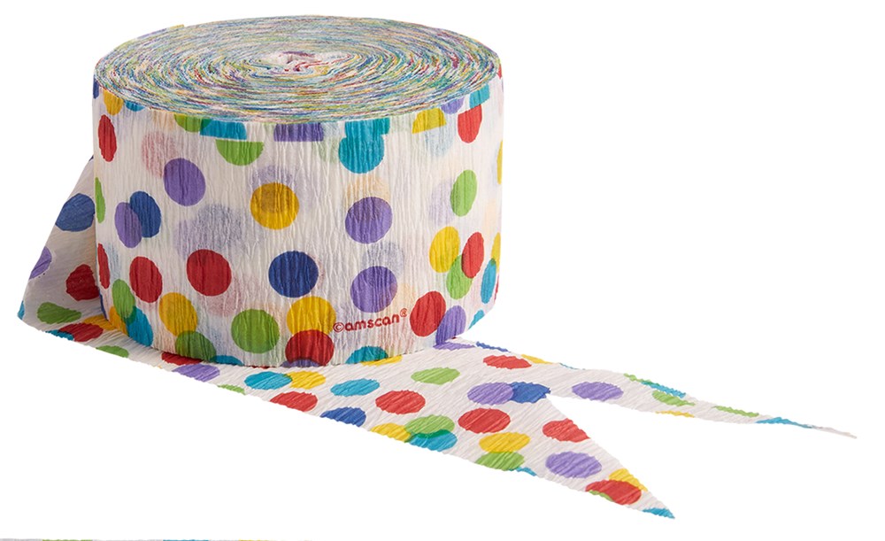White crepe paper streamer with colorful large polka dots in red, blue, yellow, green, and purple.