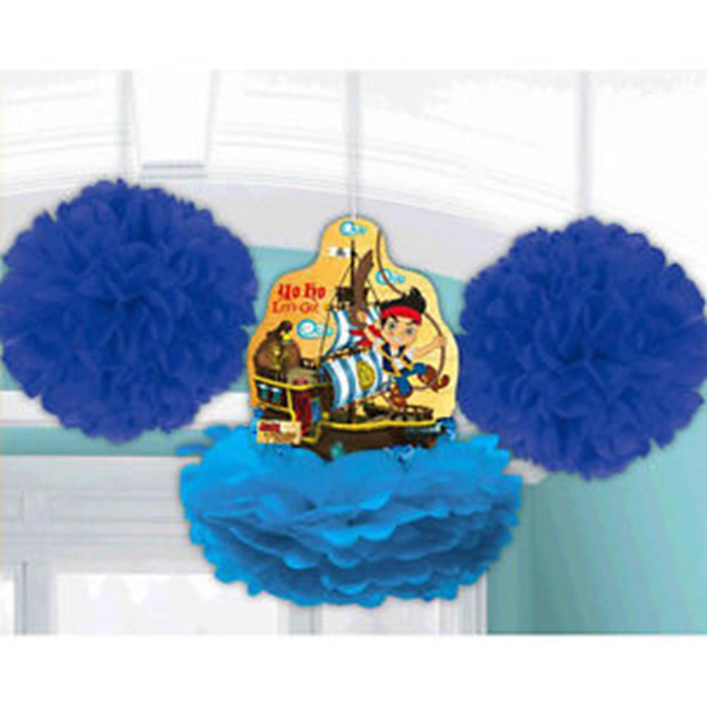 Blue tissue paper pom-poms with a central decoration featuring Jake from Disney’s Neverland holding a sword by a pirate ship.