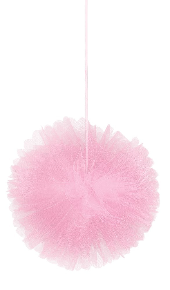 Set of three soft pink tulle fluffy pom-pom decorations with hanging string.