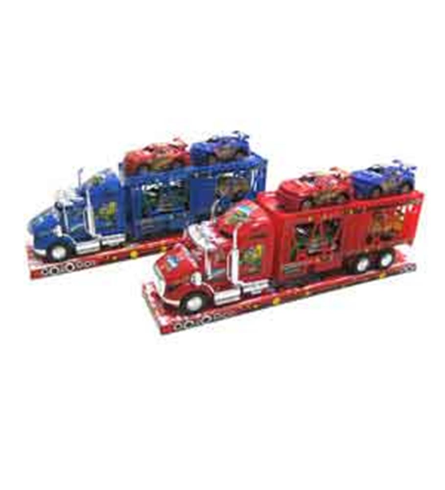 Colorful toy semi trucks in red and blue, each loaded with miniature gift boxes on top and in the trailer, designed for.