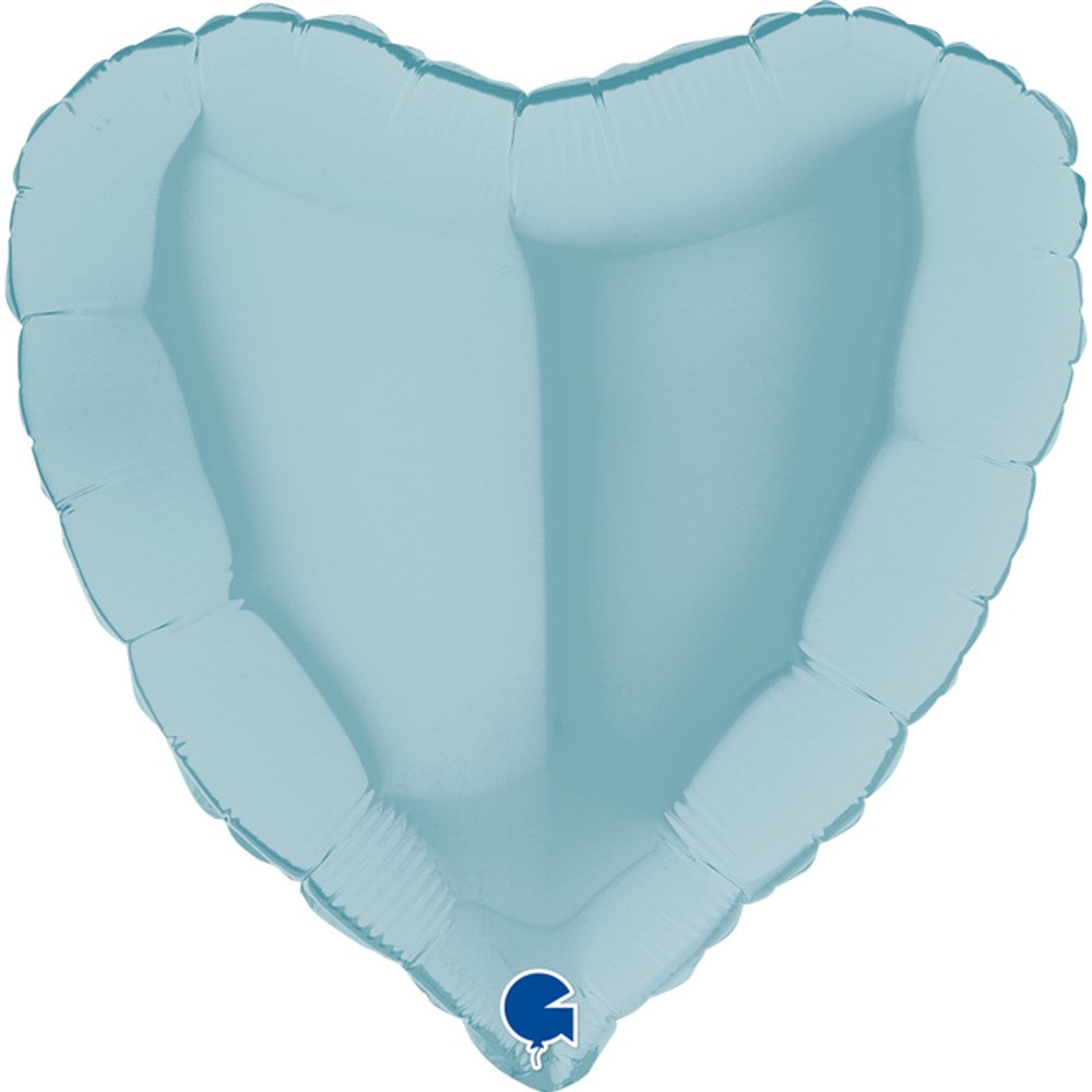 Pastel blue heart-shaped foil balloon with smooth, shiny surface and sealed edges.