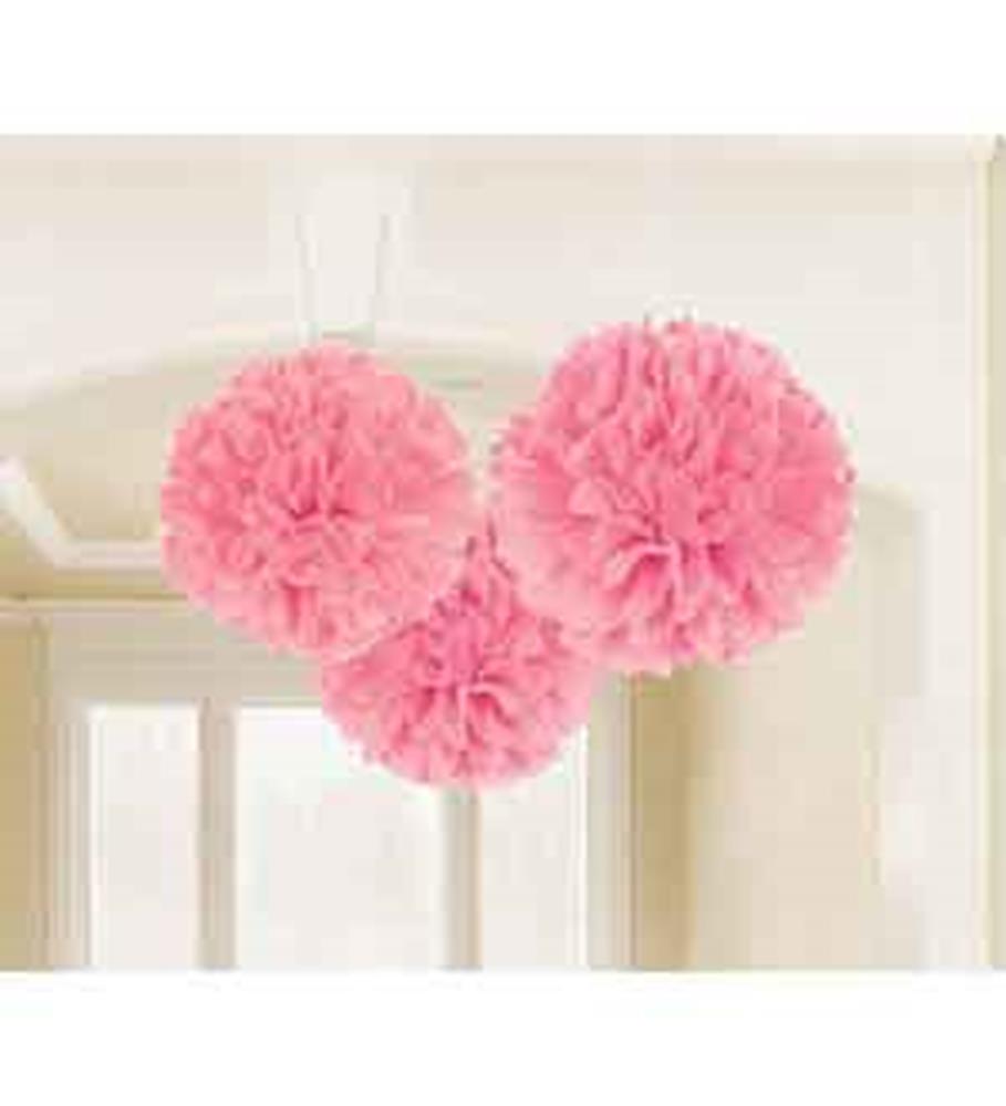 Three pink fluffy tissue paper pom-pom decorations with hanging loops.