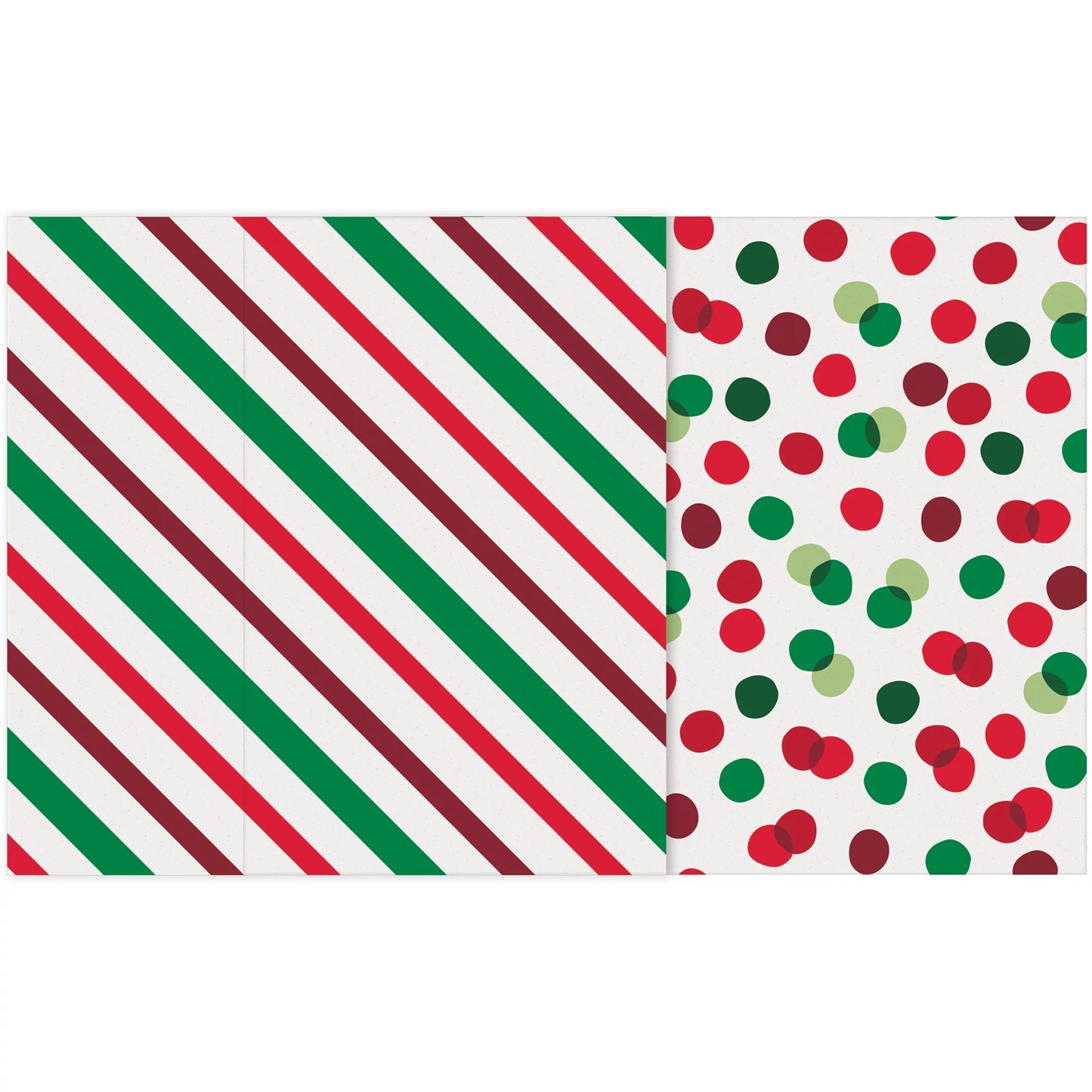 One with diagonal red and green stripes, the other with scattered red, green, and gold polka dots on white background.