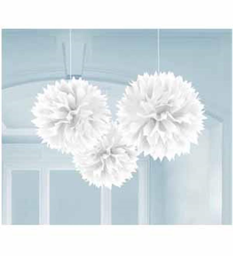 Three white fluffy tissue paper pom pom decorations hanging from the ceiling, 16 inches each.