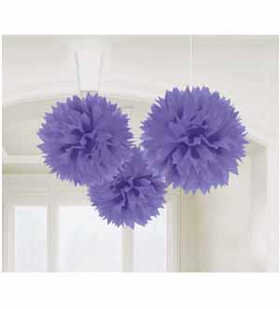 Three purple tissue paper pom-poms hanging from strings with fluffy, round shapes.
