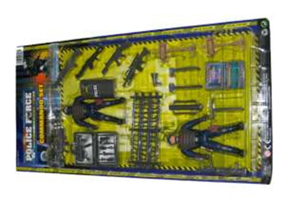Toy police action figures and accessories set with handcuffs, weapons, and badges on yellow backing.
