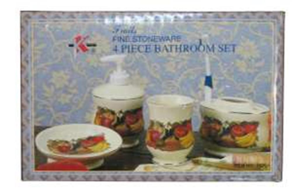 Four-piece bathroom set with fruit-themed designs including soap dispenser, tumbler, toothbrush holder, and soap dish, all.