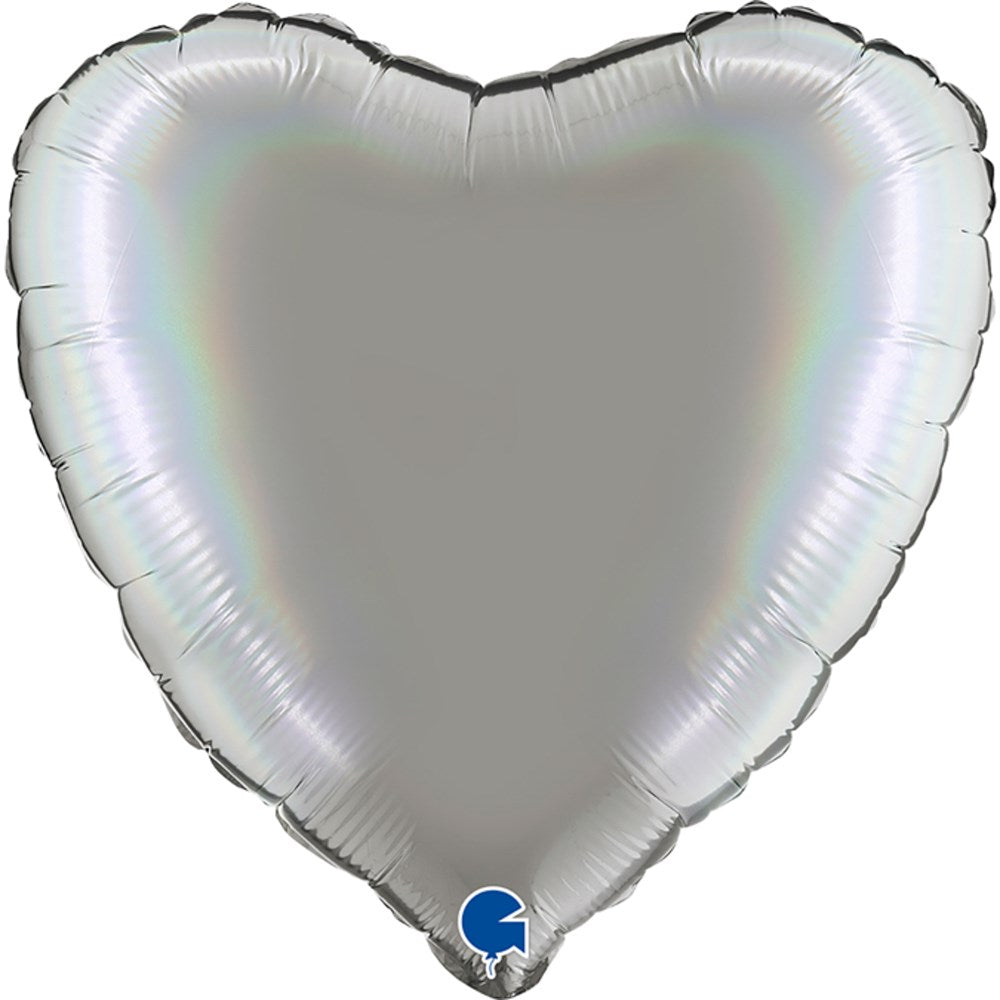 18-inch heart-shaped foil balloon with a shiny platinum holographic finish.