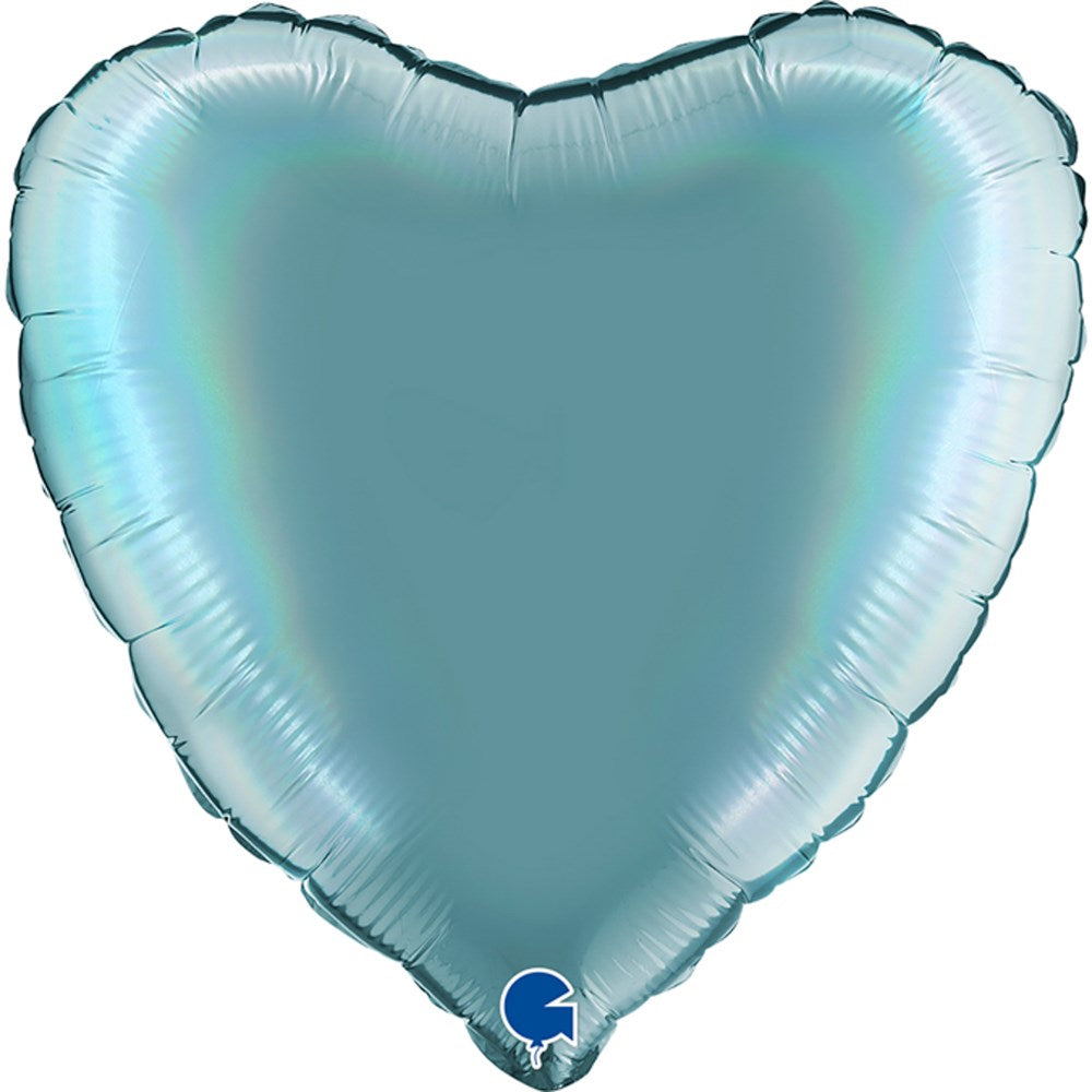 Holographic light blue heart-shaped foil balloon with an 18-inch size and subtle shine.