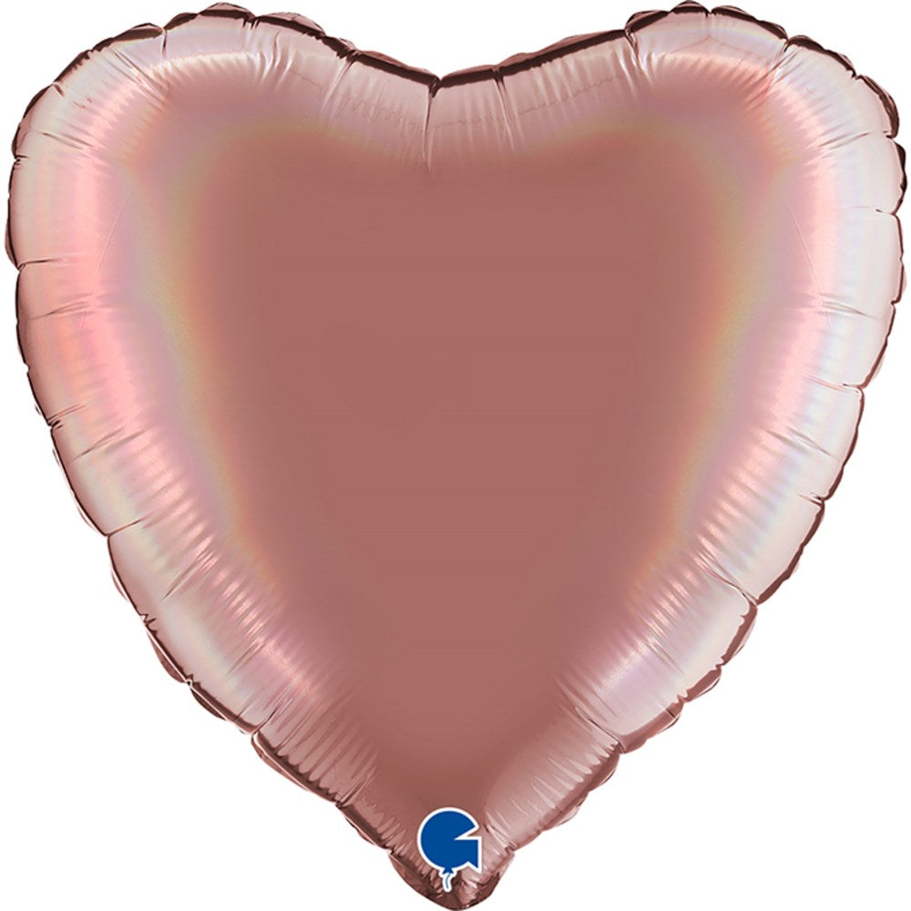 18-inch heart-shaped rose gold holographic foil balloon with shiny metallic finish.