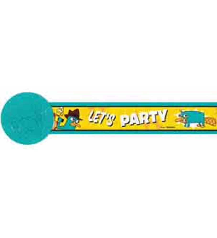 Phineas and Ferb themed crepe streamer in teal with colorful characters and "Let's Party" text in bold white and yellow.