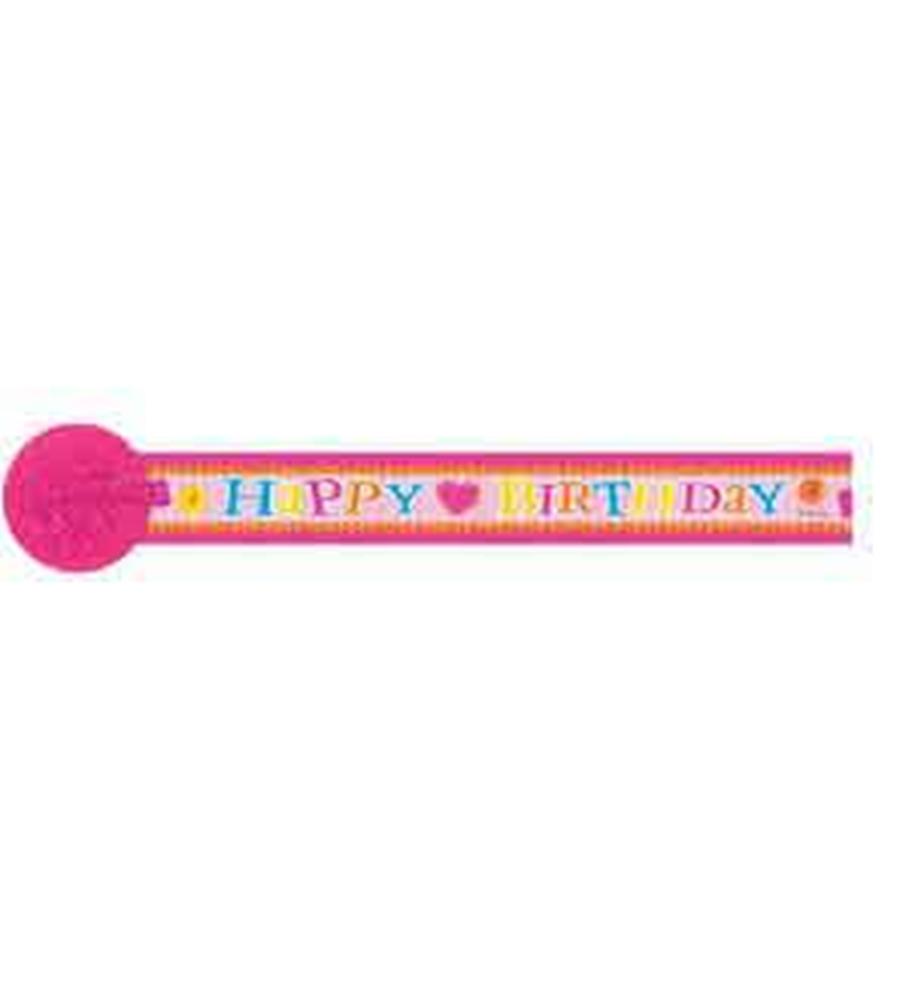 Pink crepe paper streamer with colorful "Happy Birthday" text and Lalaloopsy doll characters along the length.