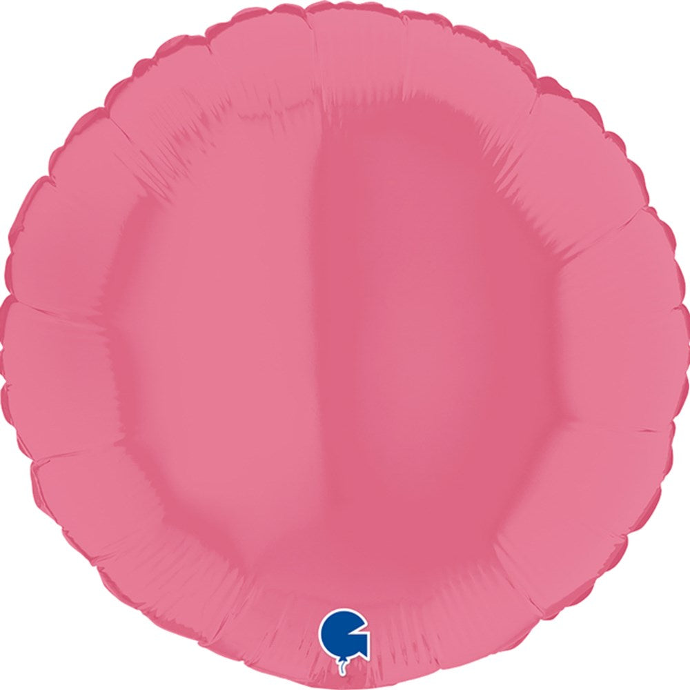 Round pink foil balloon with scalloped edges, 18 inches in diameter, shiny surface.