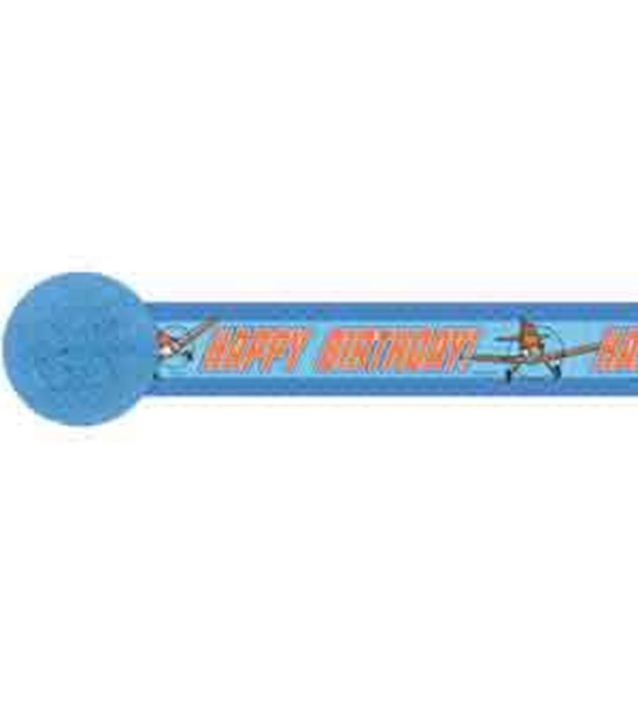 Blue plastic streamer with "Happy Birthday" text and airplane graphics from Disney’s Planes theme.