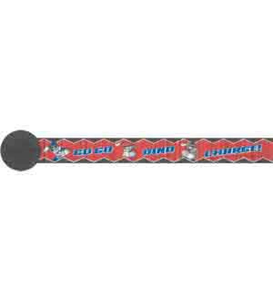 Red and blue Power Rangers Dino Charge streamer with character images and logo on glossy plastic strip.
