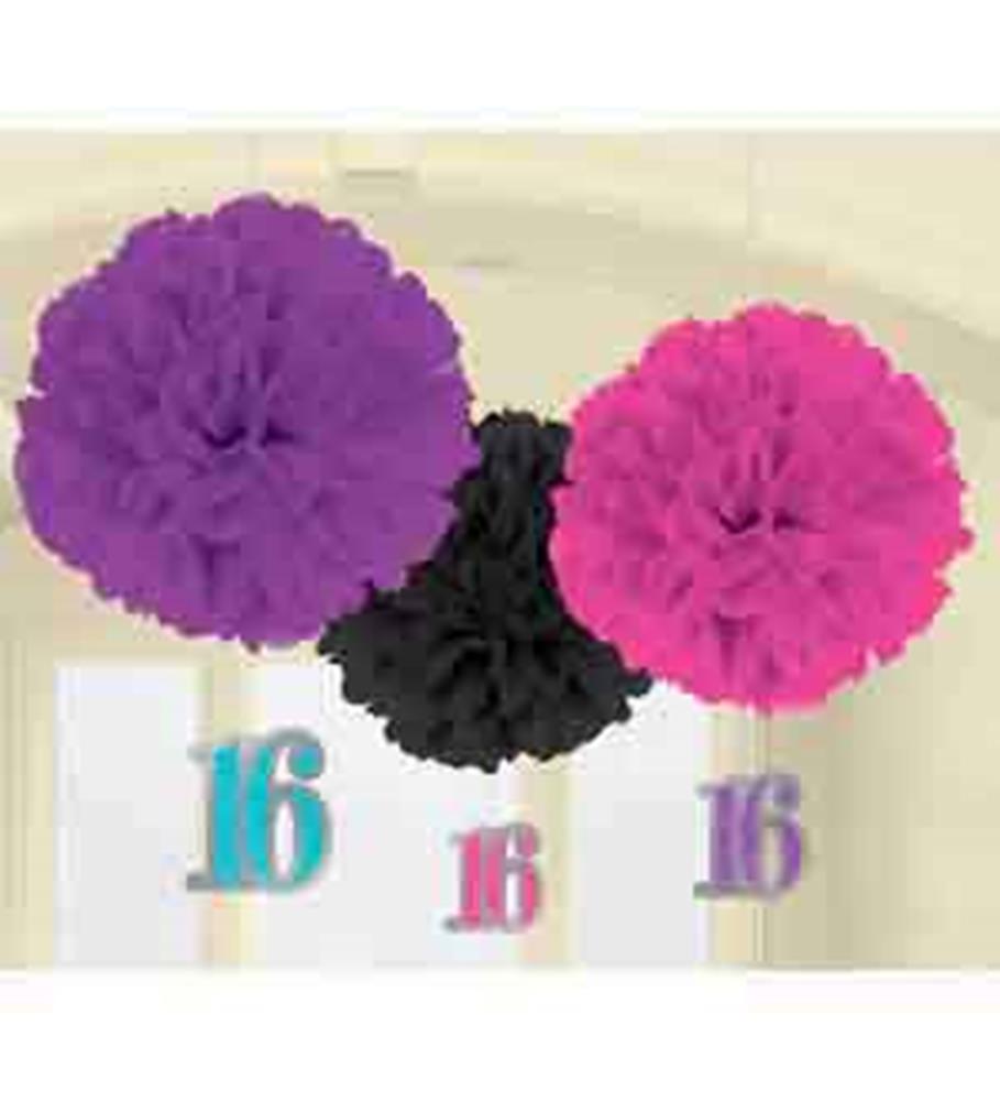Purple, black, and pink fluffy tissue paper pompoms with hanging turquoise, pink, and lavender "16" cutouts.