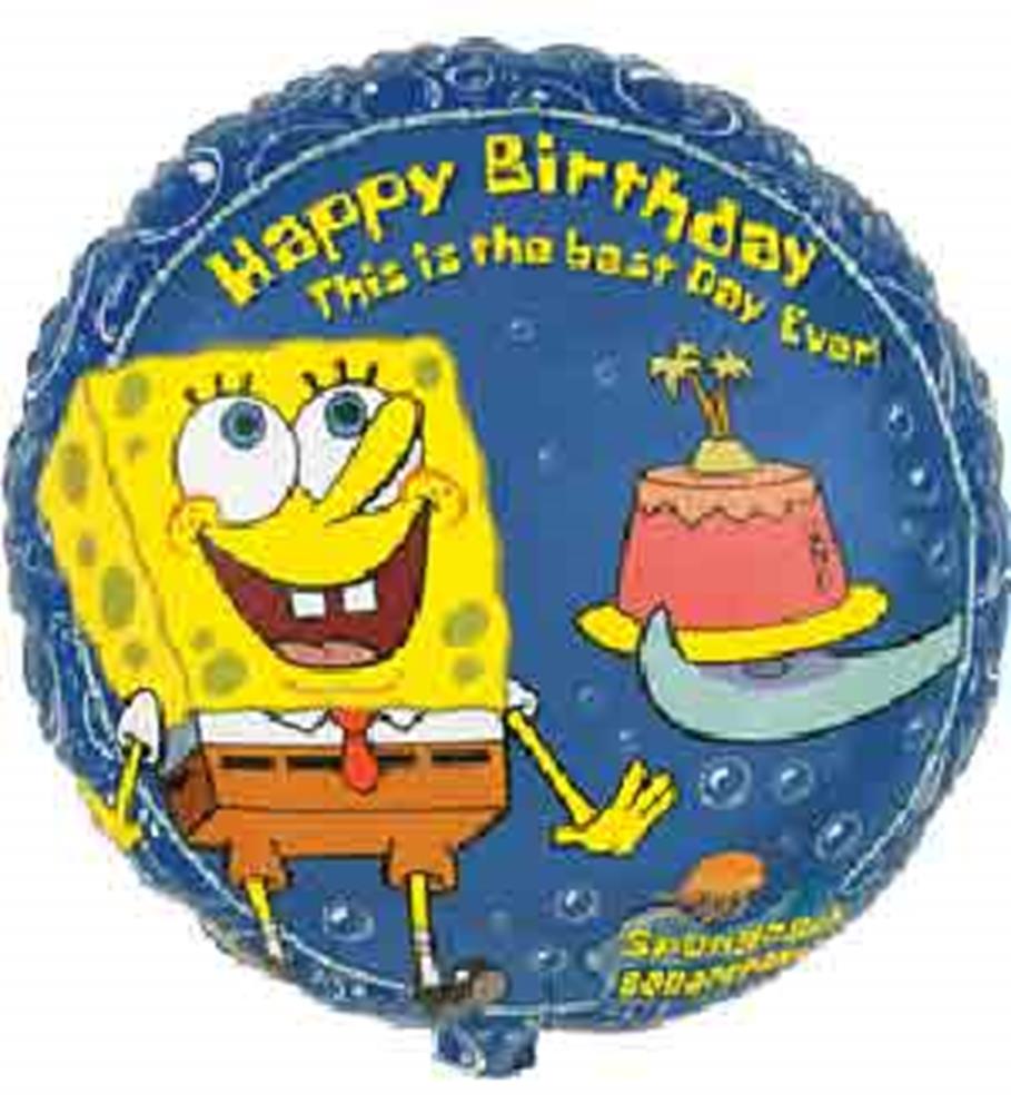 Round 18-inch Mylar balloon featuring SpongeBob SquarePants with yellow, blue, and pink colors and "Happy Birthday" text.