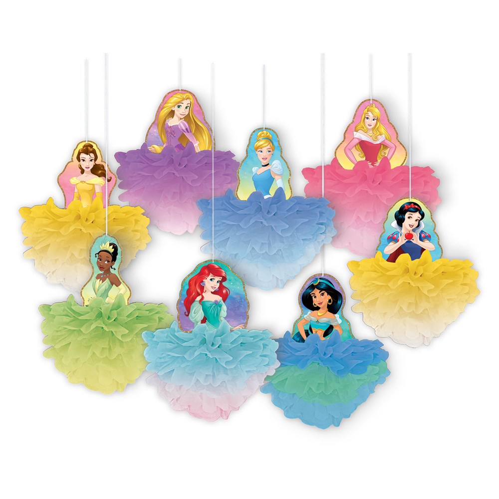 Set of eight colorful Disney Princess hanging decorations with fluffy tulle skirts and character cutouts including Belle,.