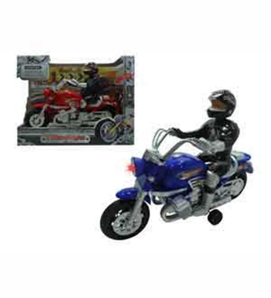 Blue friction-powered toy motorcycle with rider in black gear and helmet, detailed design, 9-inch length.