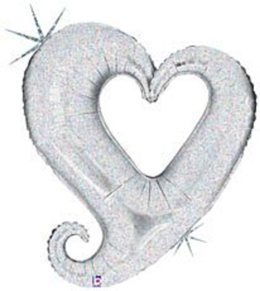 Silver holographic foil balloon shaped like an open heart with a curled tail, 33 inches tall.